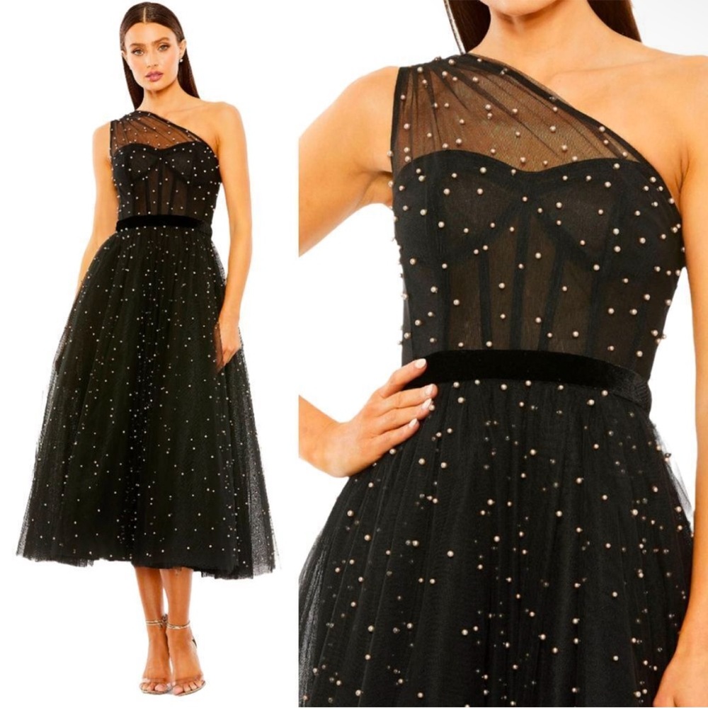Mac Duggal One Shoulder Pearl Beaded Tulle Velvet Midi Ballgown Sz 10